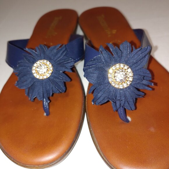 Toscanella Leather Embellished Leather Thong Fringed Sandals Sz 9 1/2 Navy Blue - Picture 3 of 8